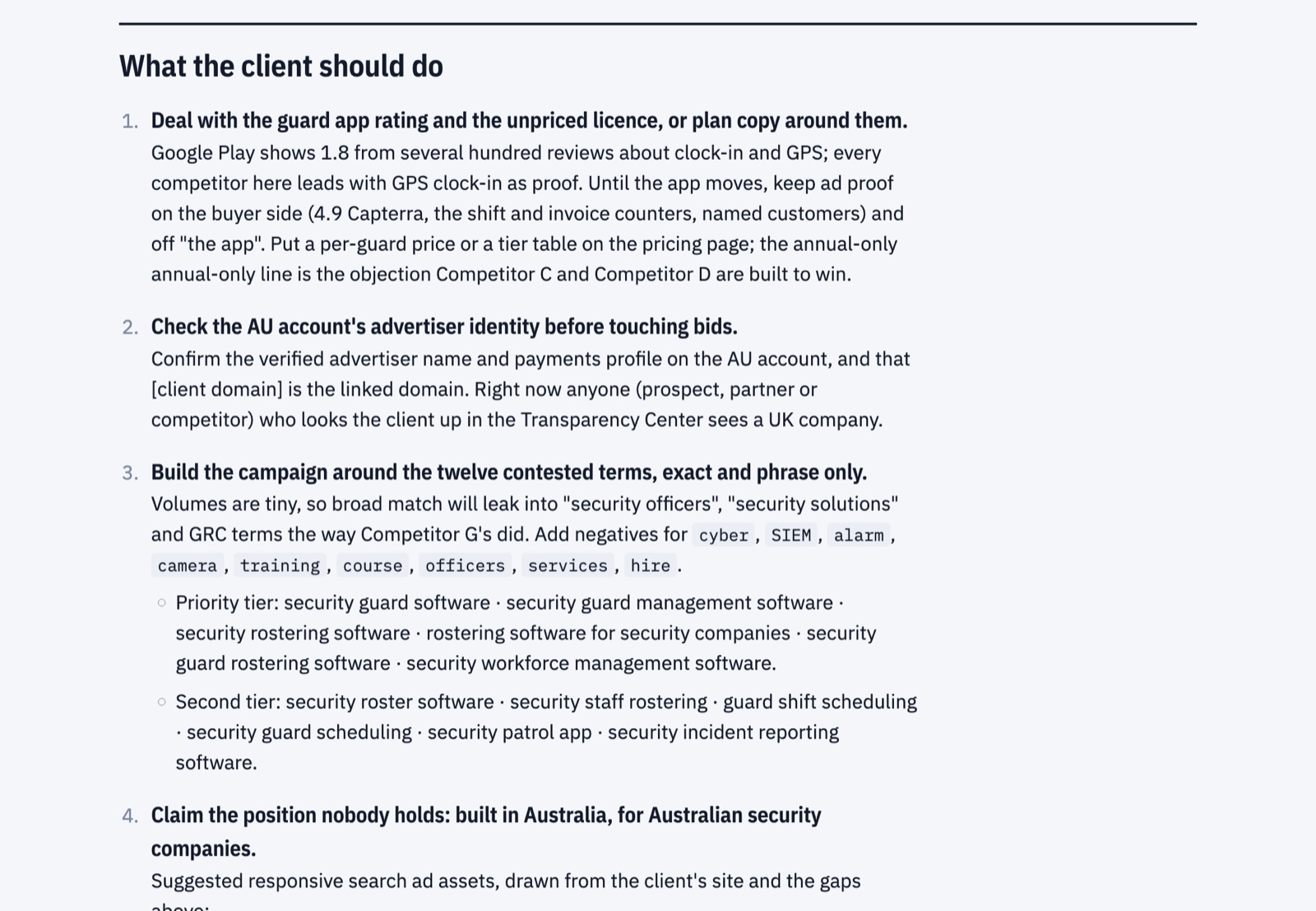 Sample report page: What to do first, in order, with the reason