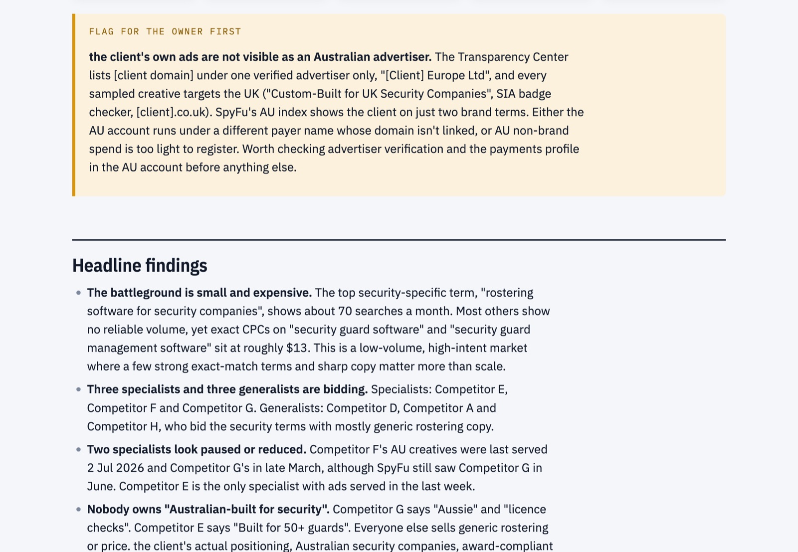 Sample report page: Headline findings: who is bidding, who has gone quiet, what nobody owns